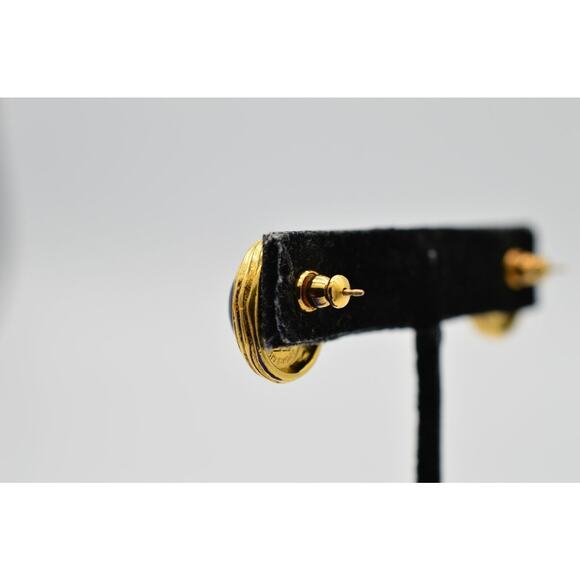 Givenchy Vintage Cabochon Earrings Stud Brushed Gold Black Signed 1980s BinC - Picture 8 of 9